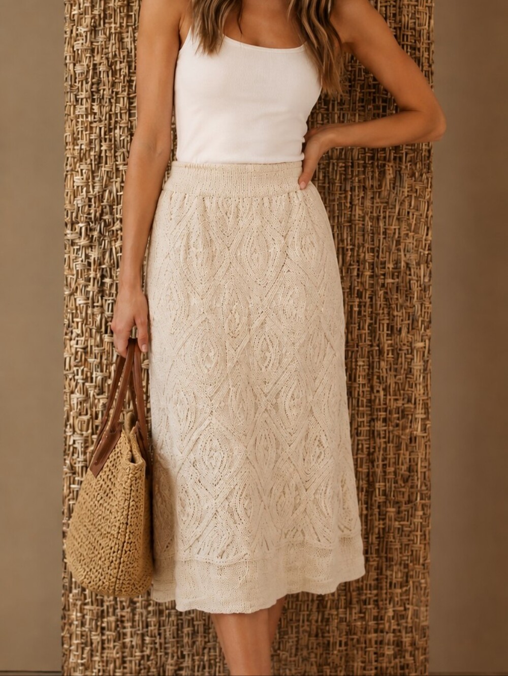 Ultra Pink,  Cream Crochet Knit Midi Skirt
